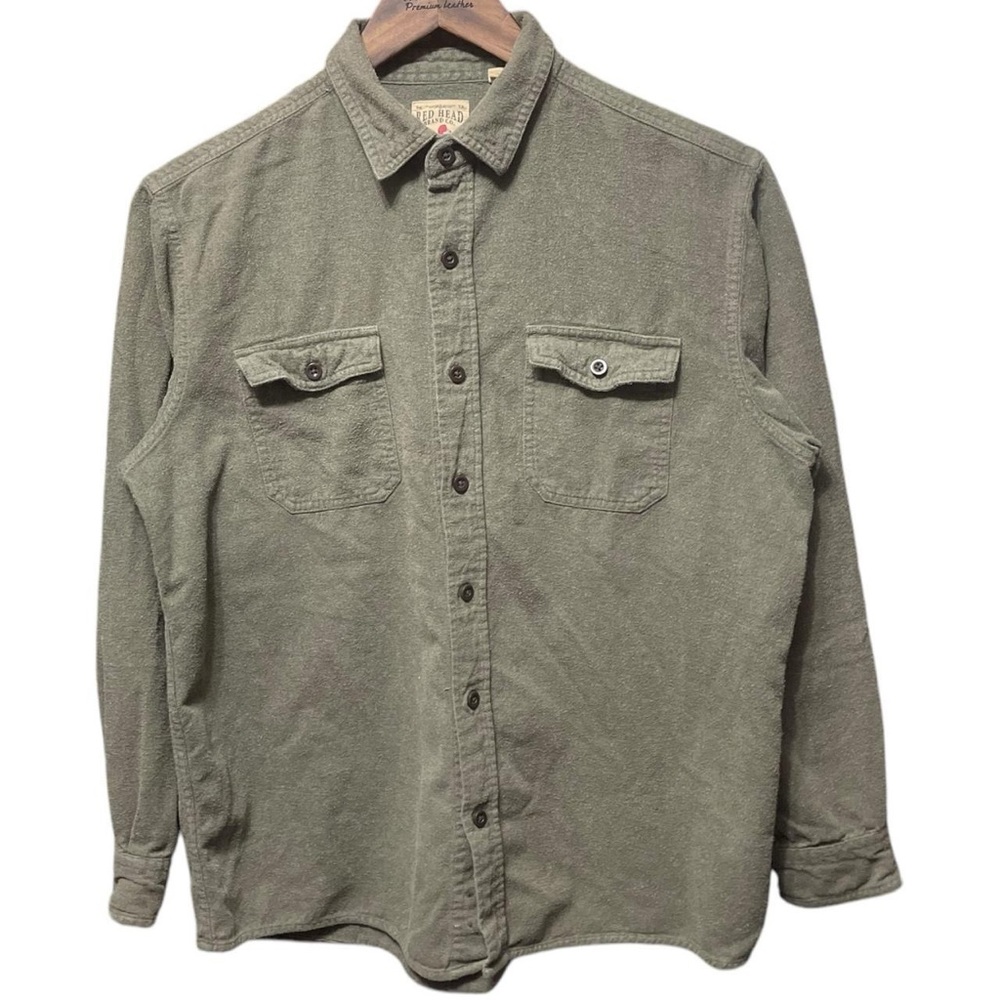 plain Blank Olive Green Red Head Flannel Button up Long Sleeve casual work Shirt